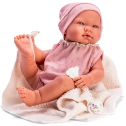 Poupée Así 43 cm - María en body rose et bonnet tricoté rose avec couverture beige