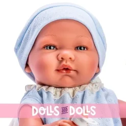 Poupée Así 43 cm - Pablo avec un body et un bonnet tricoté bleu avec une couverture beige