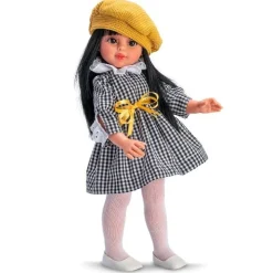 Poupée Así 40 cm - Sabrina avec une robe noire Vichy et béret jaune à pois