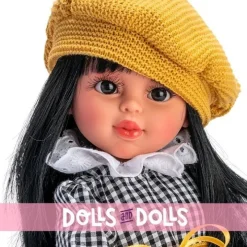 Poupée Así 40 cm - Sabrina avec une robe noire Vichy et béret jaune à pois