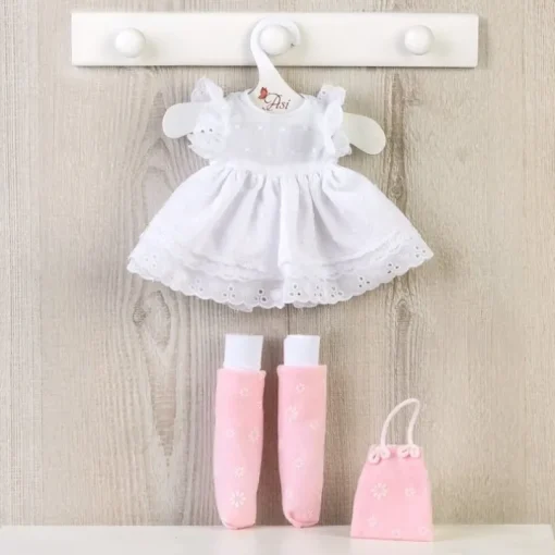Tenue pour poupée Así 40 cm - Robe blanche, jambières, bottes en tissu et sac rose pour poupée Sabrina