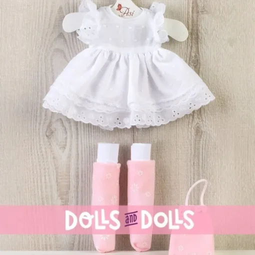 Tenue pour poupée Así 40 cm - Robe blanche, jambières, bottes en tissu et sac rose pour poupée Sabrina