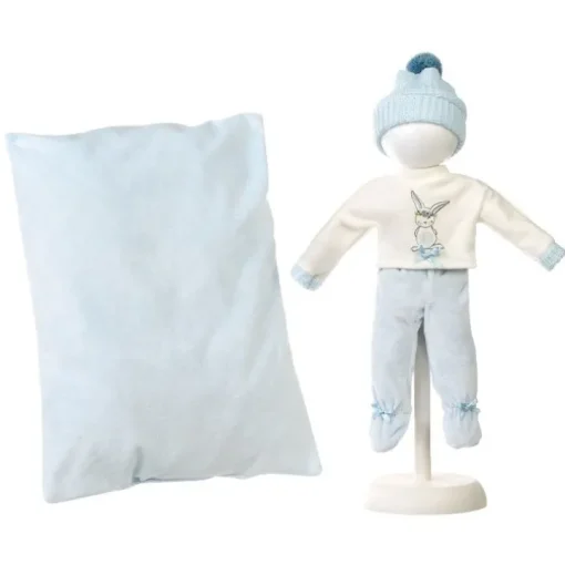 Vêtements pour poupées Llorens 35 cm - Pull imprimé lapin, pantalon, bonnet et oreiller bleu