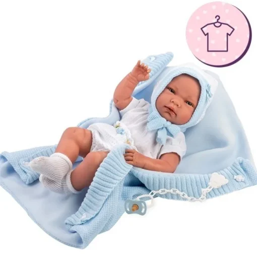 Vêtements pour poupées Llorens 40 cm - Tenue blanche avec chapeau, chaussettes et couverture bleue