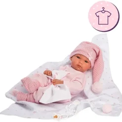 Vêtements pour poupées Llorens 35 cm - Barboteuse rose avec bonnet, couverture, chaussettes et doudou