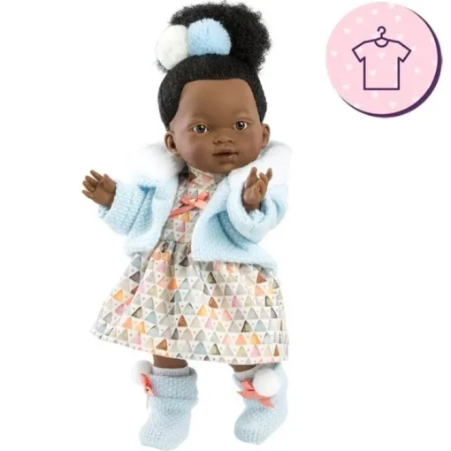 Vêtements pour poupées Llorens 28 cm - Robe imprimée triangle avec veste bleue et bottines