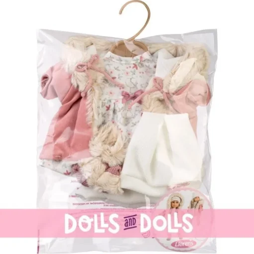 Vêtements pour poupées Llorens 35 cm - Ensemble nature avec veste et chaussettes roses et bonnet blanc