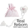 Compléments pour poupées Real Reborn à bouche ouverte d'Así - Sucette papillon avec clip et sac en cachemire rose et blanc