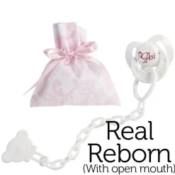 Compléments pour poupées Real Reborn à bouche ouverte d'Así - Sucette papillon avec clip et sac en cachemire rose et blanc
