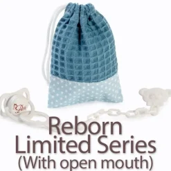 Compléments pour poupées Reborn et Limited Series (avec bouche ouverte) d'Así - Tétine et sac bleu clair avec étoiles blanches