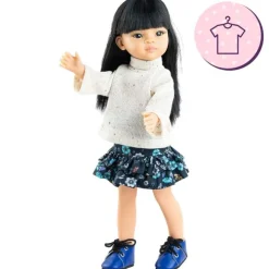 Ensemble pour poupée Paola Reina 32 cm - Las Amigas - Liu - Pull blanc et jupe fleurie bleue