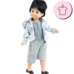 Ensemble pour poupée Paola Reina 21 cm - Las Miniamigas - Adrián - T-shirt et pantalon gris et veste blanche à motifs