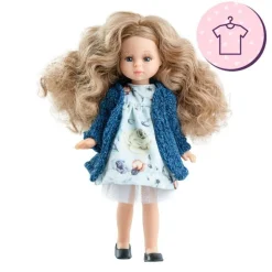 Ensemble pour poupée Paola Reina 21 cm - Las Miniamigas - Inés - Robe à fleurs bleu clair et veste bleue