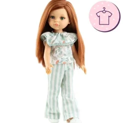 Ensemble pour poupée Paola Reina 32 cm - Las Amigas - Ángela - Robe florale verte et pantalon rayé vert