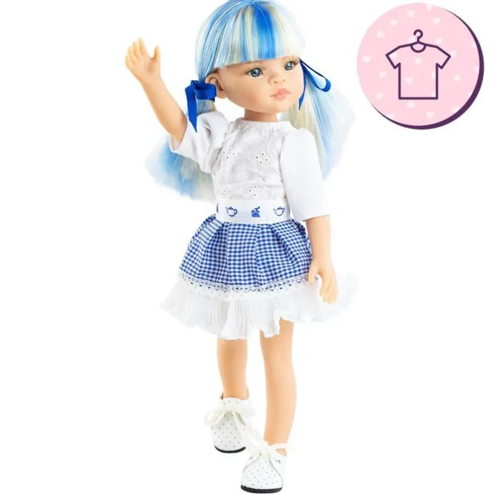 Ensemble pour poupée Paola Reina 32 cm - Las Amigas Funky - Cassandra - Robe blanche brodée et jupe bleue à carreaux