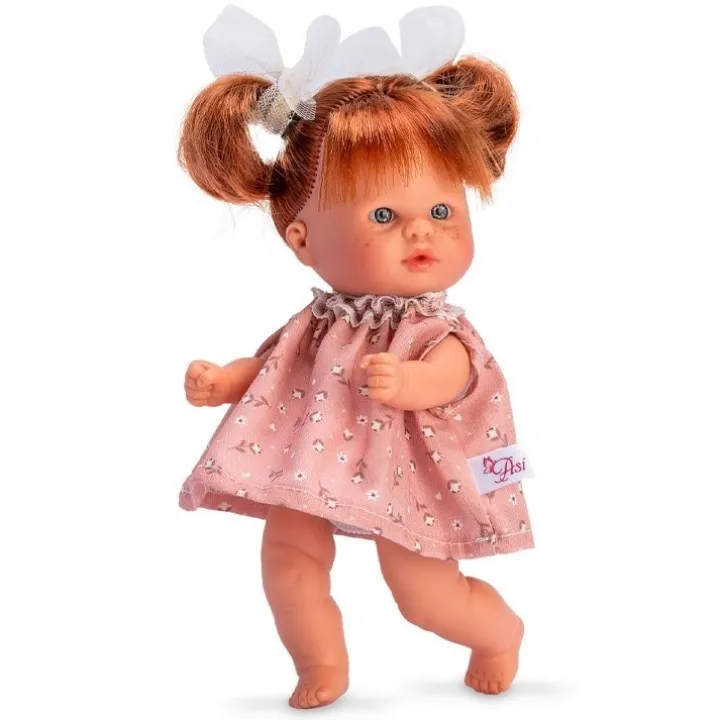 Poupée Así 20 cm - Bomboncín avec robe à fleurs roses avec fleurs beiges et nœuds de queue de cheval en tulle