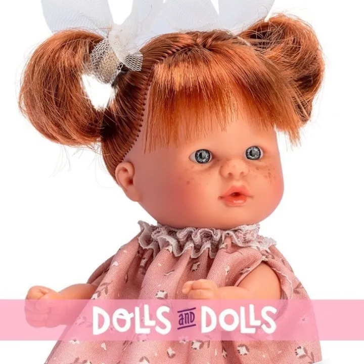 Poupée Así 20 cm - Bomboncín avec robe à fleurs roses avec fleurs beiges et nœuds de queue de cheval en tulle