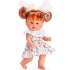 Poupée Así 20 cm - Bomboncín dans une robe à fleurs saumonée avec des nœuds en queue de cochon