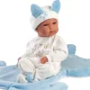 Poupée Llorens 35 cm - Bimbo avec coussin lapin bleu clair