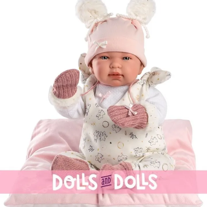 Poupée Llorens 44 cm - Nouveau-né qui pleure Tina avec coussin