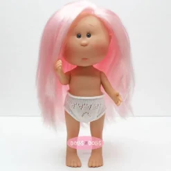 Poupée Nines d'Onil 23 cm - Little Mia avec des cheveux roses et lisses - Sans vêtements
