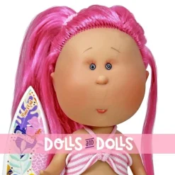 Poupée Nines d'Onil 30 cm - Mia summer avec des cheveux fuchsia en queue de cheval et un maillot de bain