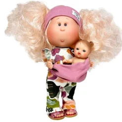 Poupée Nines d'Onil 30 cm - Mia mère aux cheveux roses avec une robe imprimée nature