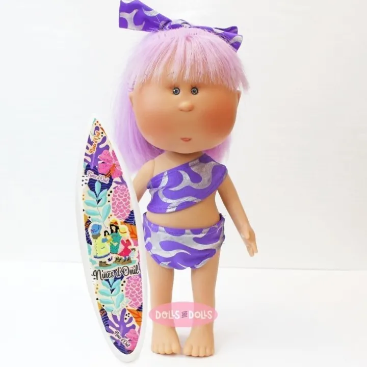 Poupée Nines d'Onil 30 cm - Mia summer avec des cheveux lilas et un maillot de bain