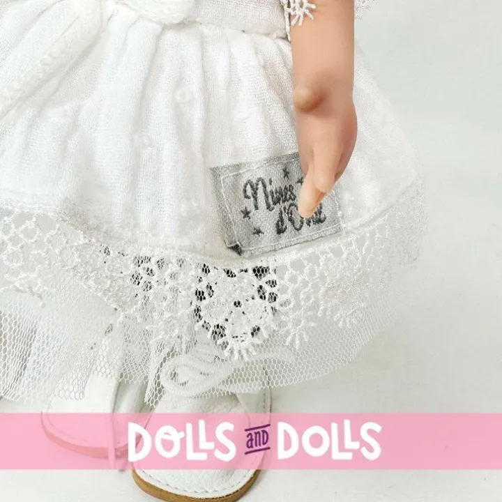 Poupée Nines d'Onil 30 cm - Mia avec cheveux roux, robe blanche et mascotte