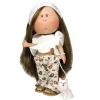 Poupée Nines d'Onil 30 cm - Mia brune avec t-shirt blanc, pantalon imprimé et mascotte