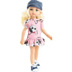 Poupée Paola Reina 32 cm - Las Amigas - Claudia en robe rose pour chiot avec une casquette en denim