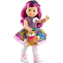 Poupée Paola Reina 45 cm - Soy tú - Inés avec une robe colorée et un ours en peluche