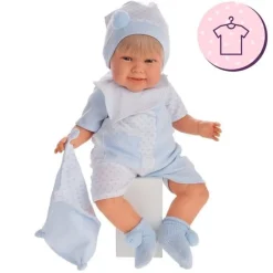 Tenue pour poupée Antonio Juan 52 cm - Collection Mi Primer Reborn - Pyjama d'été bleu avec bonnet et dou-dou