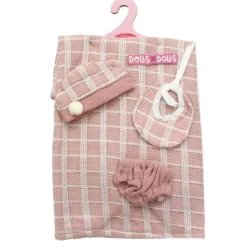 Tenue pour poupée Antonio Juan 26-27 cm - Couverture à carreaux rose et blanc avec bonnet et bavoir
