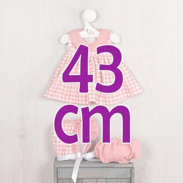 Tenue pour poupée Así 43 cm - Robe rose à carreaux avec pololo et col en mousseline rose pour poupée María