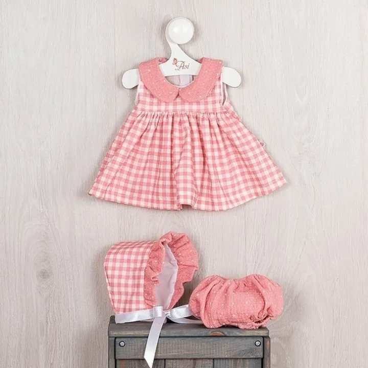Tenue pour poupée Así 43 cm - Robe rose à carreaux avec pololo et col en mousseline rose pour poupée María