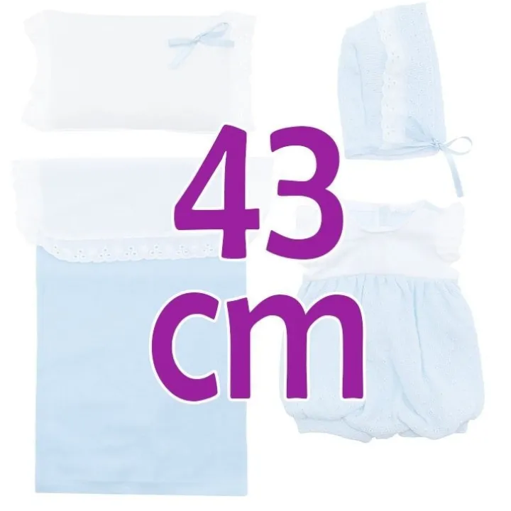 Tenue pour poupée Así 43 cm - Ensemble barboteuse, bonnet et berceau blanc et bleu clair pour poupée Pablo