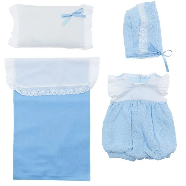 Tenue pour poupée Así 43 cm - Ensemble barboteuse, bonnet et berceau blanc et bleu clair pour poupée Pablo