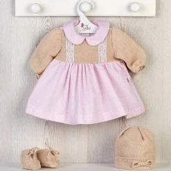 Tenue pour poupée Así 46 cm - Robe tricotée à carreaux roses avec bonnet et chaussons pour Leo