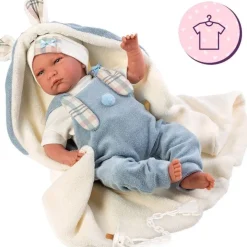 Vêtements pour poupées Llorens 42 cm - Ensemble barboteuse bleu avec t-shirt, bonnet et couverture