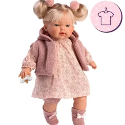 Vêtements pour poupées Llorens 33 cm - Robe imprimée rose avec gilet, chaussons et pompons