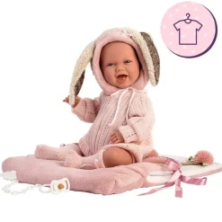 Vêtements pour poupées Llorens 42 cm - Ensemble barboteuse rose avec bonnet, chaussettes et veste