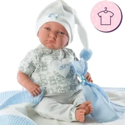 Vêtements pour poupées Llorens 42 cm - Pyjama animal blanc avec bonnet et doudou bleu