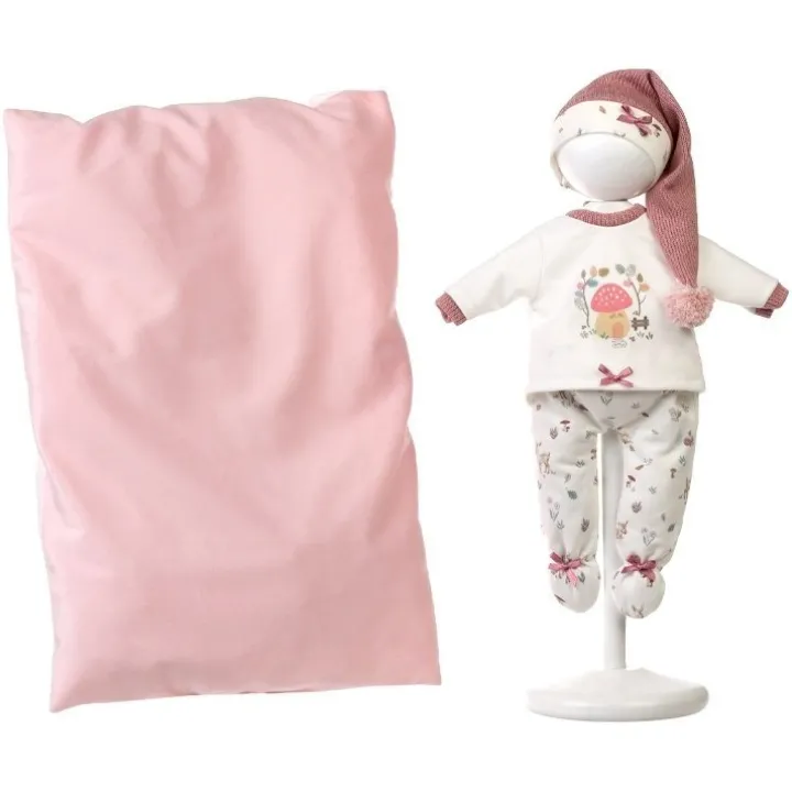 Vêtements pour poupées Llorens 40 cm - Coussin lit rose, pyjama deux pièces avec imprimé champignon et bonnet de nuit