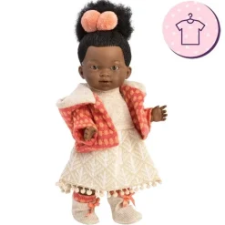 Vêtements pour poupées Llorens 28 cm - Robe tricotée beige avec veste rose et orange et chaussons