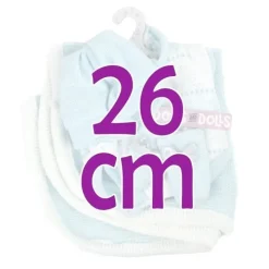 Vêtements pour poupées Llorens 26 cm - Barboteuse bébé imprimé bleu avec chaussons, bonnet et couverture