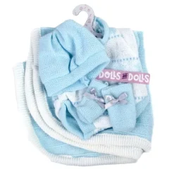 Vêtements pour poupées Llorens 26 cm - Barboteuse bébé imprimé bleu avec chaussons, bonnet et couverture