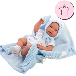 Vêtements pour poupées Llorens 40 cm - Tenue blanche avec chapeau, chaussettes et couverture bleue