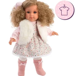 Vêtements pour poupées Llorens 35 cm - Petite robe fleurie avec gilet, bas, chaussettes et pompon