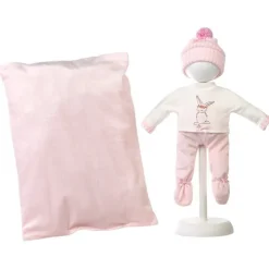 Vêtements pour poupées Llorens 35 cm - Pull avec imprimé lapin, pantalon, bonnet et coussin rose